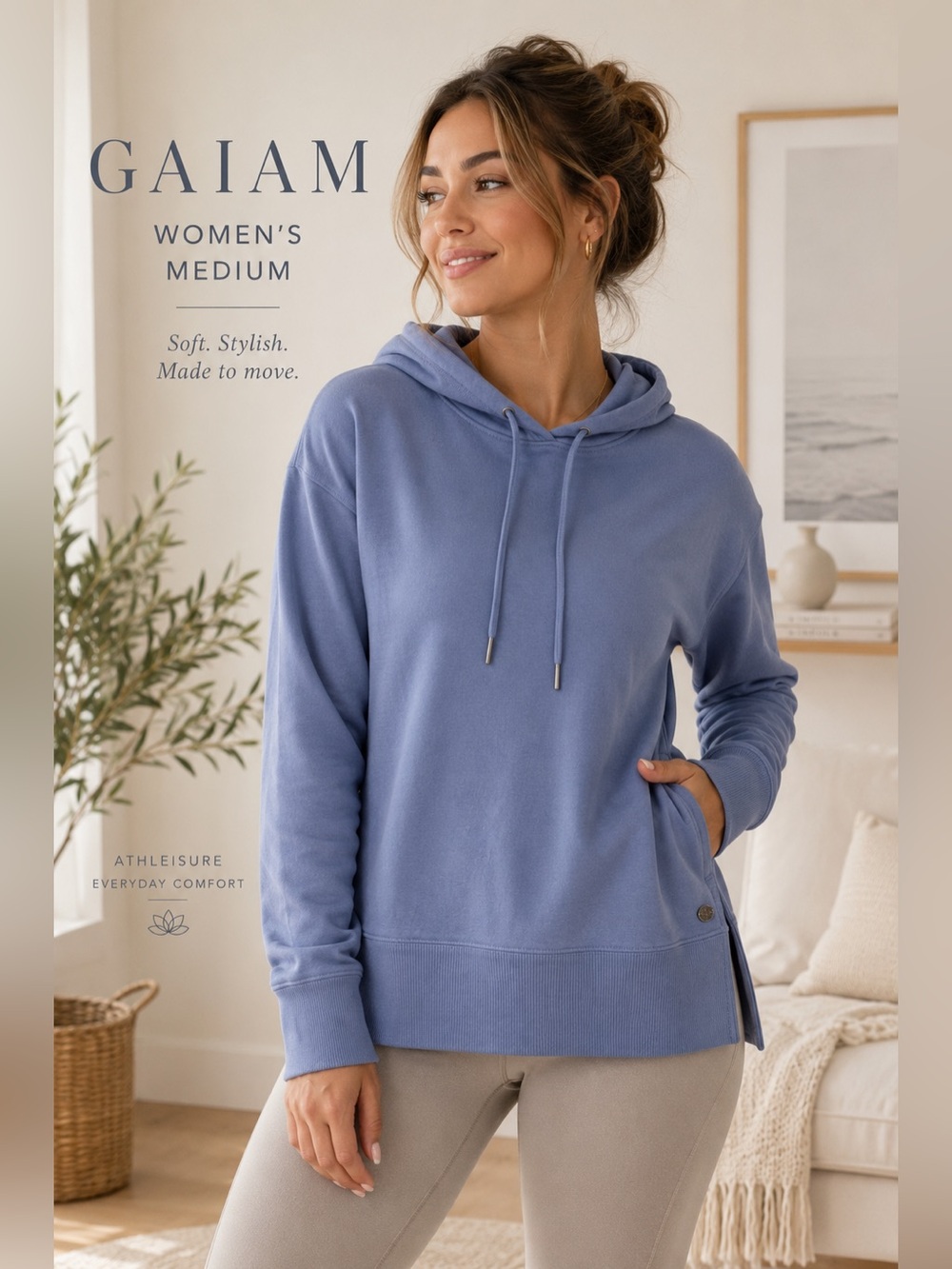 Gaiam Women’s Medium Periwinkle Blue Pullover Hoodie Side Slit Athleisure